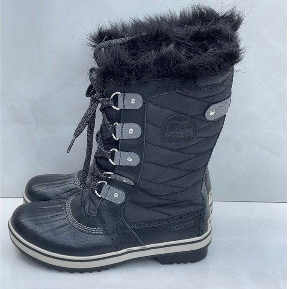 Sorel Girls Tofino II Fur Trim Waterproof Rubber Rain Boots Black Sz 5 - Picture 1 of 12